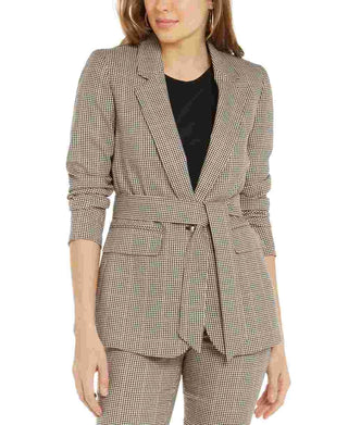 Bar III Women’s Plaid Tie-Waist Blazer Beige khaki Size X-Large