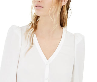 Bar III Women's Puff-Sleeve Button-Up Blouse White Size XX-Small