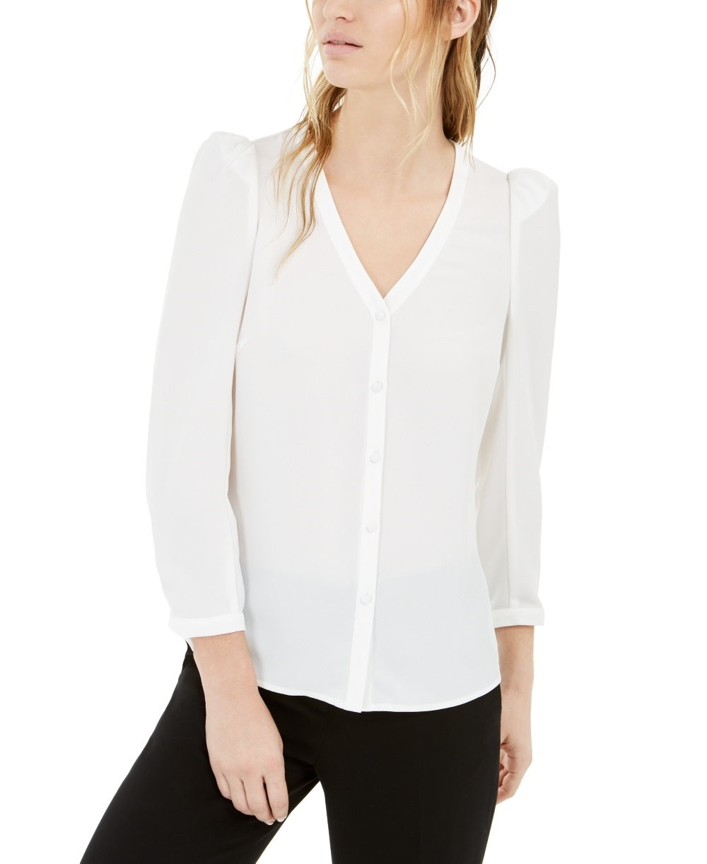 Bar III Women's Solid 3/4 Sleeve V Neck Button Up Top White Size Medium