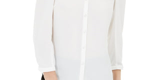 Bar III Women's Solid 3/4 Sleeve V Neck Button Up Top White Size Medium