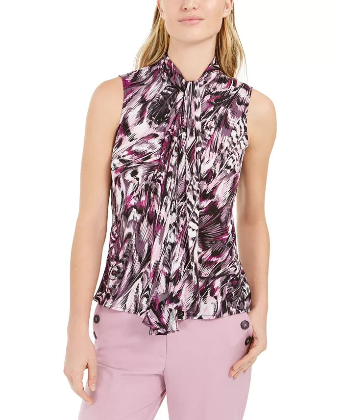 Bar III Women's Printed Tie-Neck Top Bright Pink Size Extra Small