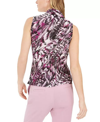 Bar III Women's Printed Tie-Neck Top Bright Pink Size Extra Small