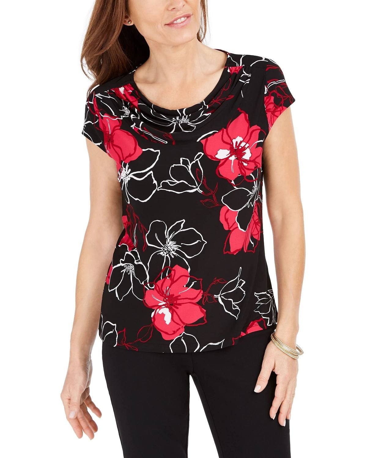 Kasper Women's Floral Short Sleeve Scoop Neck Top   Pink Size X-Small