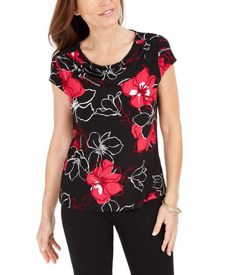 Kasper Women's Floral Short Sleeve Scoop Neck Top   Pink Size X-Small