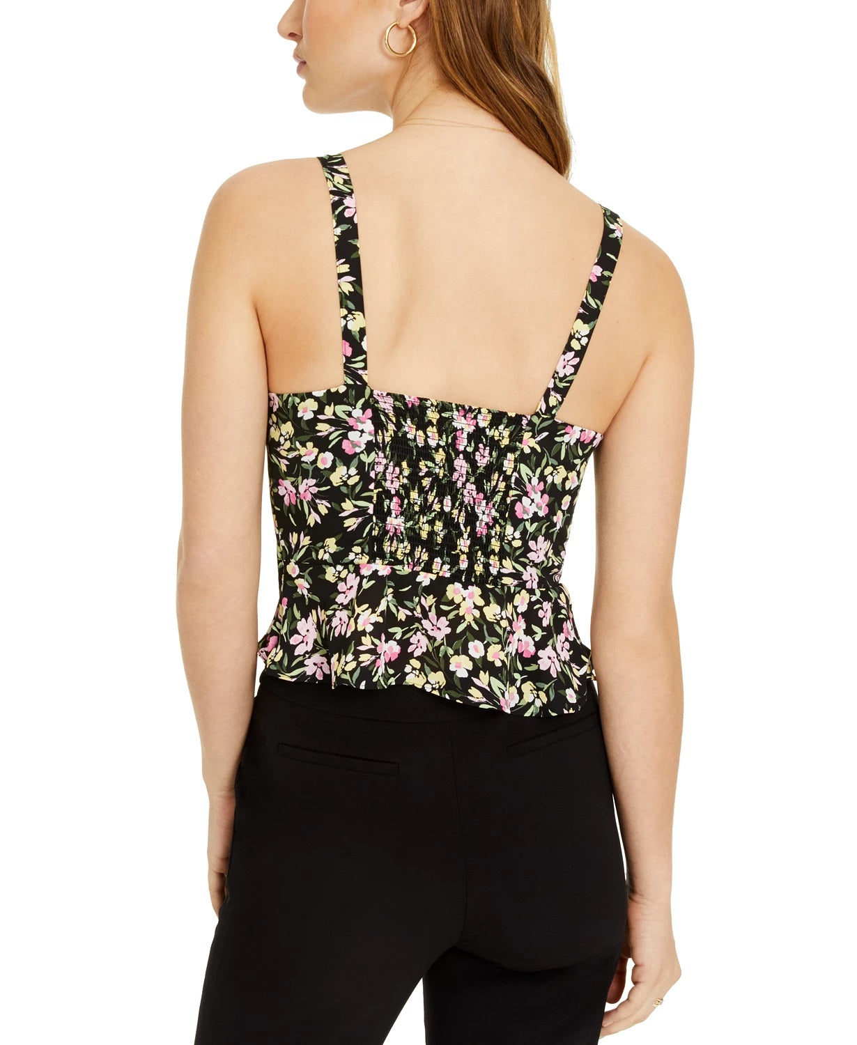 Bar III Women's Floral-Print Peplum Camisole Top Black Size Large