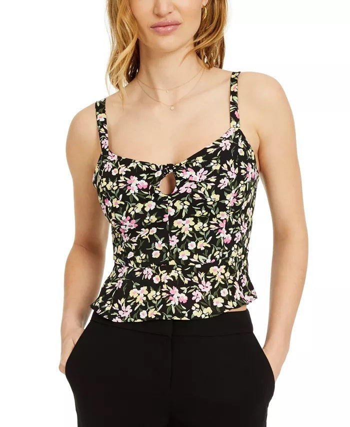 Bar III Women's Floral-Print Peplum Camisole Top Black Size Medium