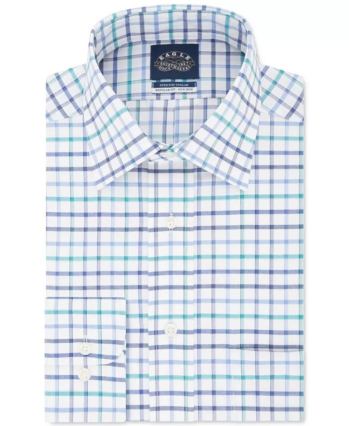 Eagle Men's Blue Windowpane Plaid Collared Classic Fit Stretch Dress Shirt Blue Size 17.1/2X34-35