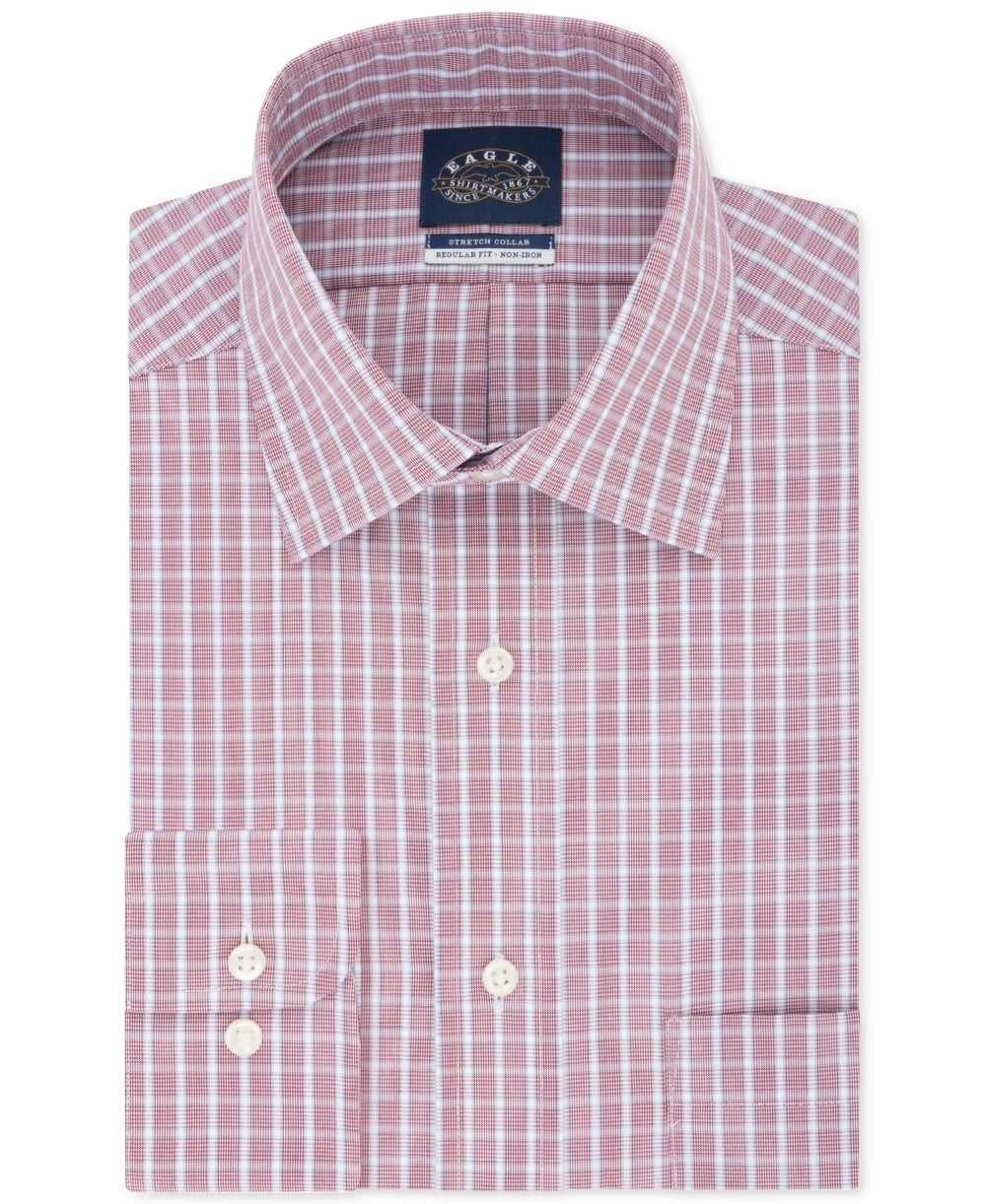 Eagle Men's Classic Regular Fit Non Iron Stretch Collar Check Dress Shirt Red Size 18.5X34X35