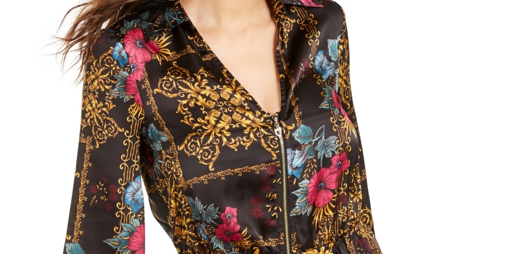 Thalia Sodi Women's Printed Zip Peplum Top Black Size Medium