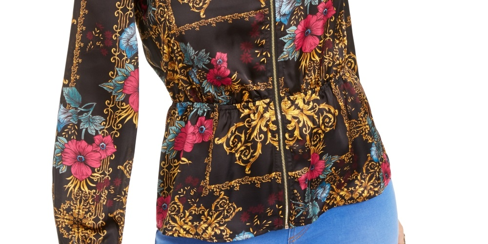 Thalia Sodi Women's Printed Zip Peplum Top Black Size Medium