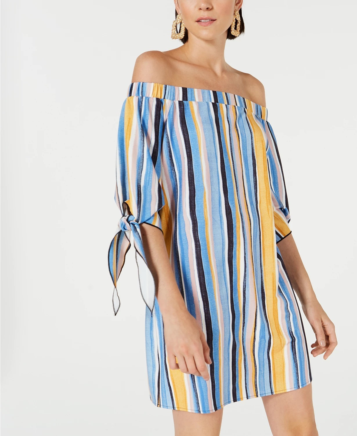 Bar III Women's Off The Shoulder Tie Sleeve Dress Blue Size Small