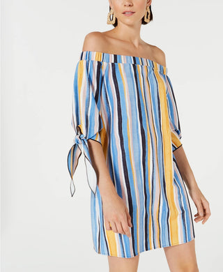 Bar III Women's Off The Shoulder Tie Sleeve Dress Blue Size Small