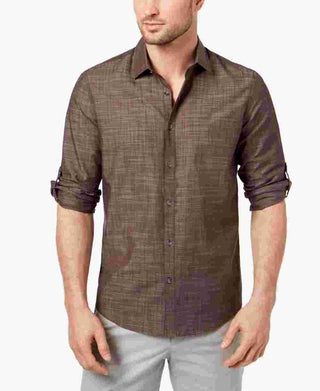 Alfani Men's Blue Short Sleeve Classic Fit Button Down Casual Shirt Brown Size Medium