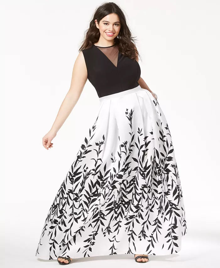 Morgan & Company Women's Trendy Plus Printed A Line Gown Black Size 16W