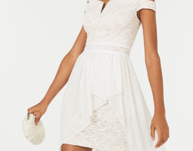 Morgan & Company Junior's Off The Shoulder Asymmetrical Gown White Size 13