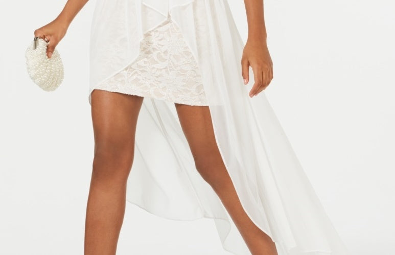 Morgan & Company Junior's Off The Shoulder Asymmetrical Gown White Size 13