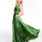 Morgan & Co Women's Pleated Surplice Satin Gown Green Size 11