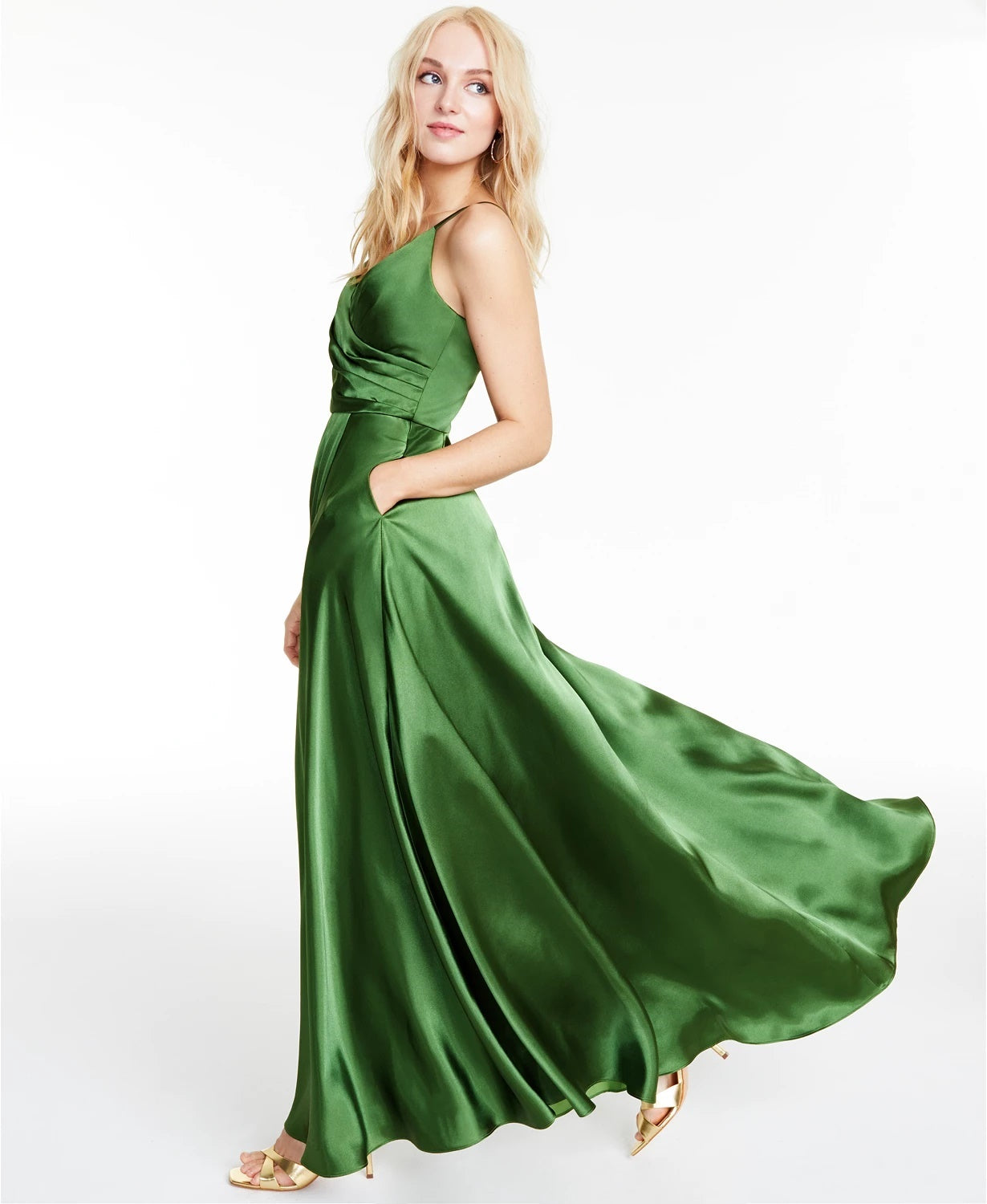 Morgan & Co Women's Pleated Surplice Satin Gown Green Size 11