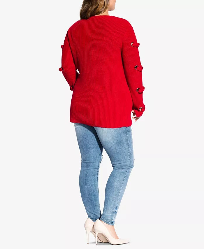 City Chic Women's Trendy Plus Size Grommet-Sleeved Sweater Red Size Petite Small