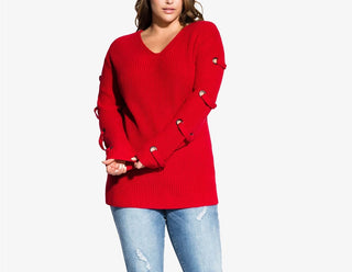 City Chic Women's Trendy Plus Size Grommet-Sleeved Sweater Red Size Petite Small