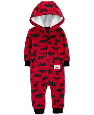 Carter's Baby Boys Hooded Woodland-Print Fleece Jumpsuit Red Size 12MOS