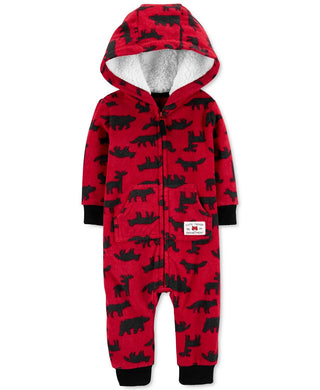 Carter's Baby Boys Hooded Woodland-Print Fleece Jumpsuit Red Size New Born