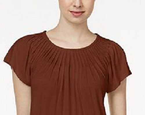 Style & Co Women's Pleated-Neck Flutter-Sleeve Top Brown Size Medium