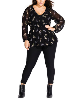City Chic Women's Trendy Plus Size Gental Floral-Print Peplum Top Black Size 24W