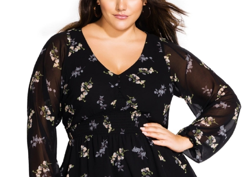 City Chic Women's Trendy Plus Size Gental Floral-Print Peplum Top Black Size 24W