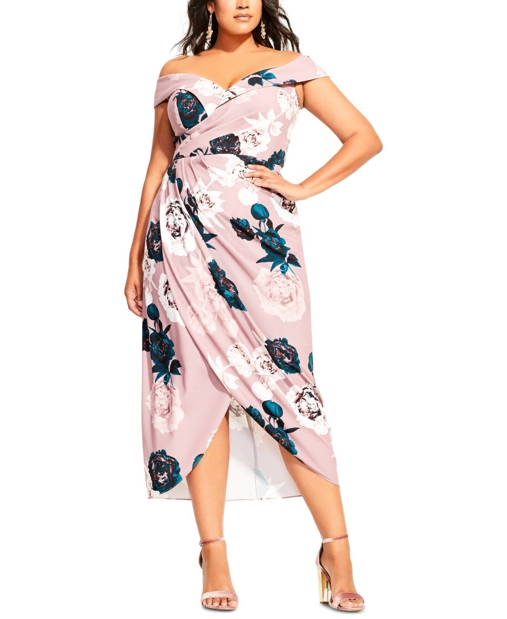 City Chic Women's Trendy Petite Largeus Off The Shoulder Faux Wrap Dress Purple Size 16W