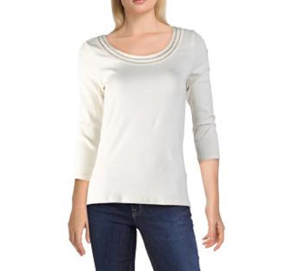 Ralph Lauren Women's Ivory Lace 3/4 Sleeve Scoop Neck Top Natural Size X-Large