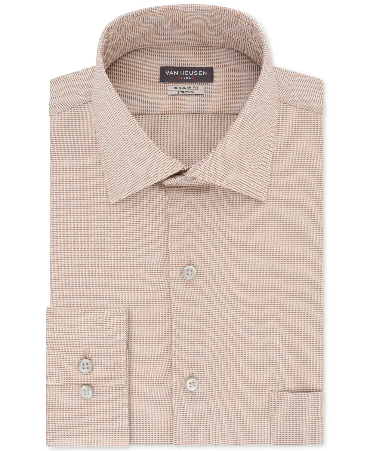 Van Heusen Men's Flex Classic Fit Stretch Wrinkle Free Nailshead Print Dress Shirt Beige Size 15.5X32X33