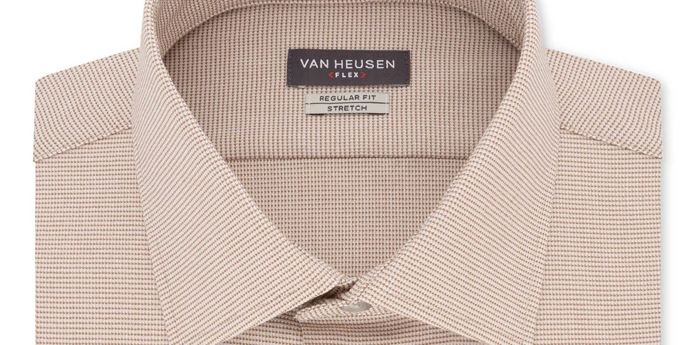 Van Heusen Men's Flex Classic Fit Stretch Wrinkle Free Nailshead Print Dress Shirt Beige Size 15.5X32X33