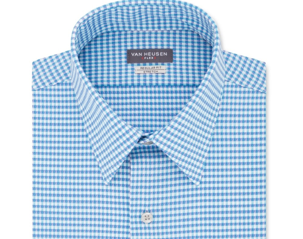 Van Heusen Men's Classic/Regular-Fit Performance Stretch Wrinkle-Free Flex-Collar Check Dress Shirt Blue Size 15.5X34-35