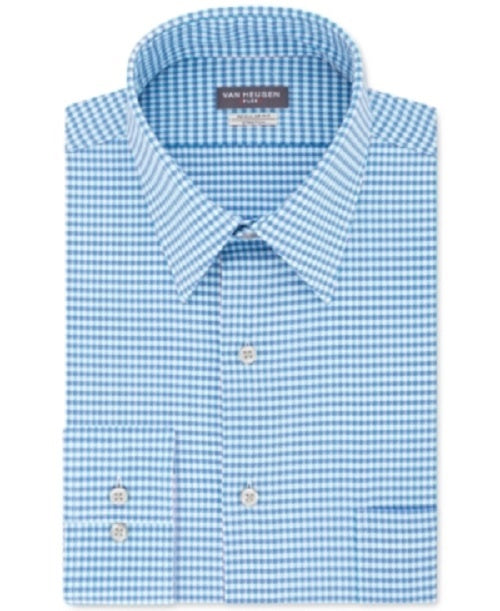 Van Heusen Men's Classic/Regular-Fit Performance Stretch Wrinkle-Free Flex-Collar Check Dress Shirt Blue Size 16.5X34-35