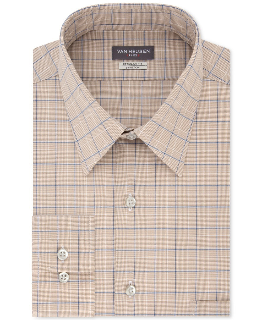 Van Heusen Men's Flex Classic Regular Fit Stretch Wrinkle Free Check Dress Shirt Beige Size 16.5x36-37