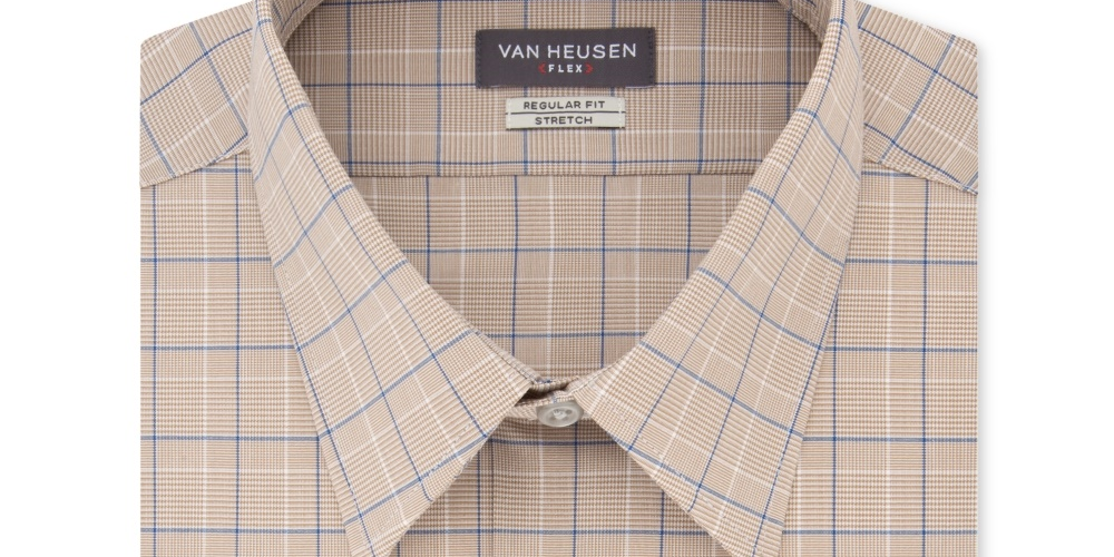 Van Heusen Men's Flex Classic Regular Fit Stretch Wrinkle Free Check Dress Shirt Beige Size 16.5x36-37