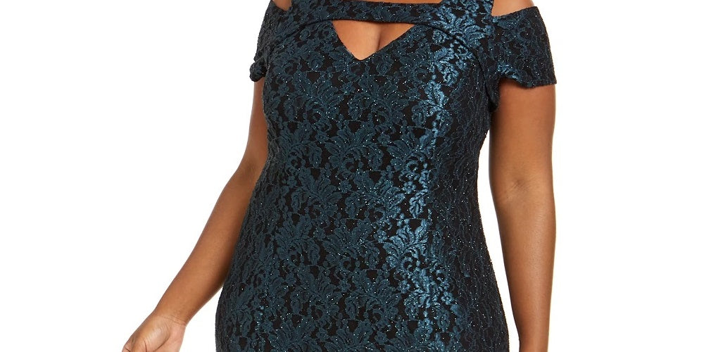 Nightway Women's Embroidered Glitter Cap Sleeve Keyhole Maxi Drop Waist Evening Dress Green Size 16W