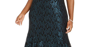 Nightway Women's Embroidered Glitter Cap Sleeve Keyhole Maxi Drop Waist Evening Dress Green Size 16W