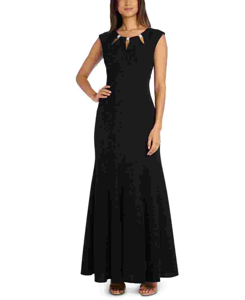 R & M Richards Women's Black Glitter Embellished Zippered Cap Sleeve Keyhole Maxi Mermaid Formal Black Size 10