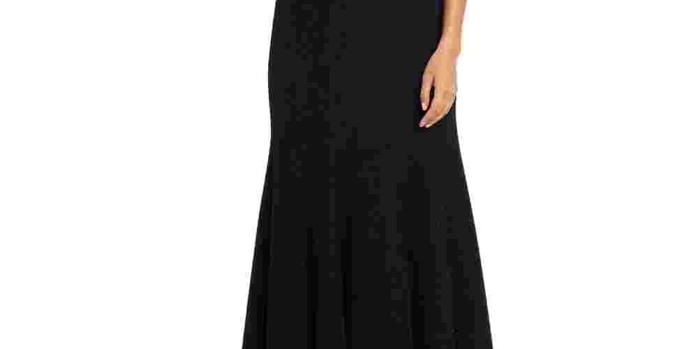 R & M Richards Women's Black Glitter Embellished Zippered Cap Sleeve Keyhole Maxi Mermaid Formal Black Size 10