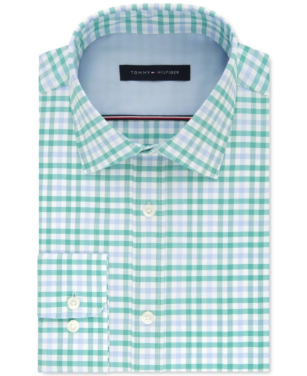 Tommy Hilfiger Men's Slim-Fit Check Dress Shirt Green Size 34-35