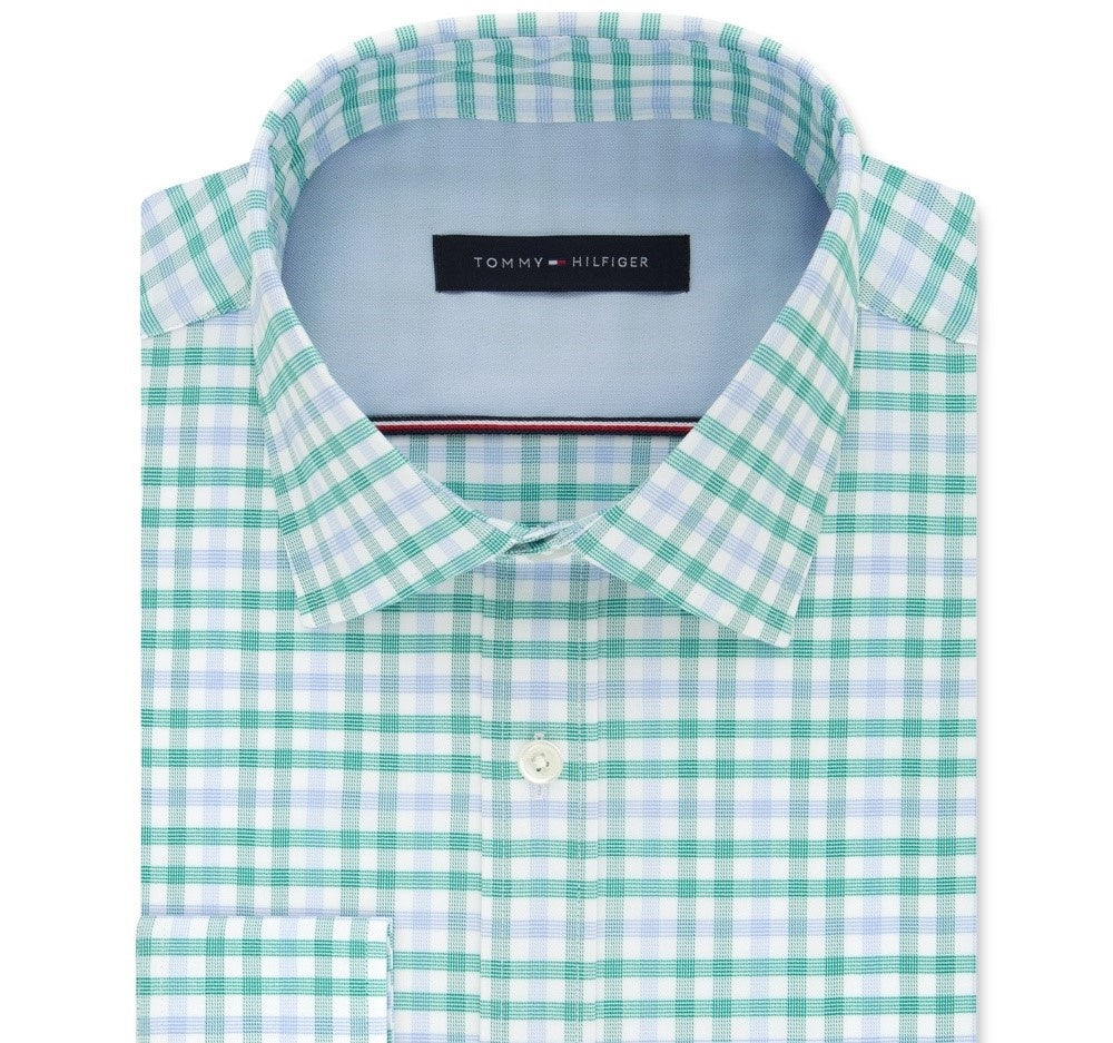 Tommy Hilfiger Men's Slim-Fit Check Dress Shirt Green Size 34-35