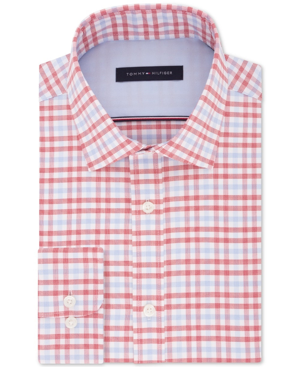 Tommy Hilfiger Men's Fitted Performance Stretch Blue Check Dress Shirt Red Size 34-35