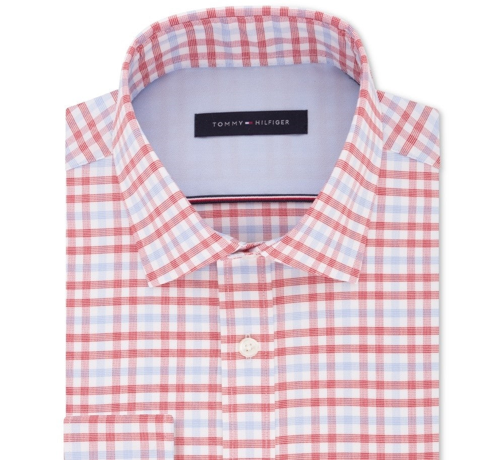 Tommy Hilfiger Men's Fitted Performance Stretch Blue Check Dress Shirt Red Size 34-35