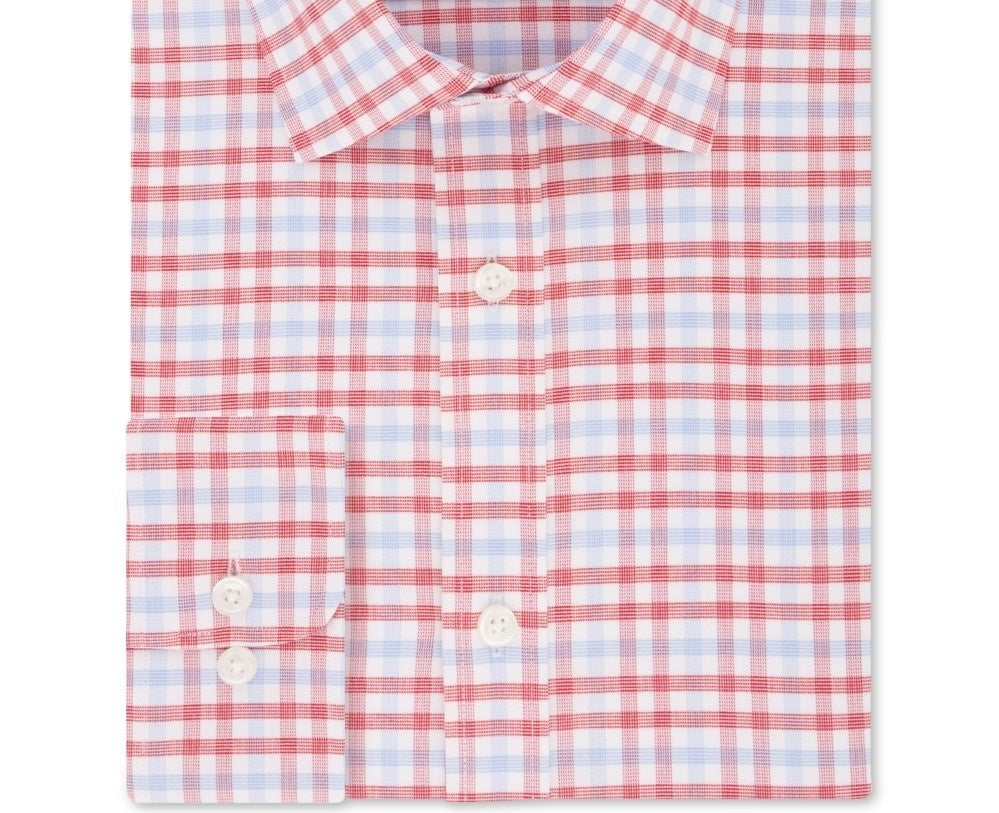 Tommy Hilfiger Men's Fitted Performance Stretch Blue Check Dress Shirt Red Size 34-35