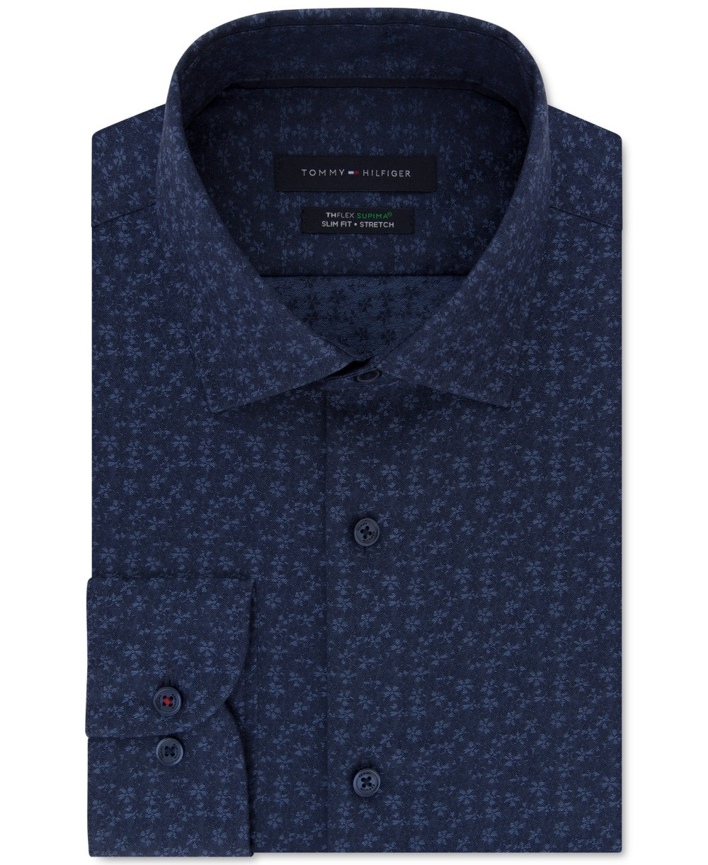 Tommy Hilfiger Men's Slim-Fit Non-Iron Thflex Performance Stretch Floral-Print Supima Cotton Dress Shirt Blue Size 15.5X34-35