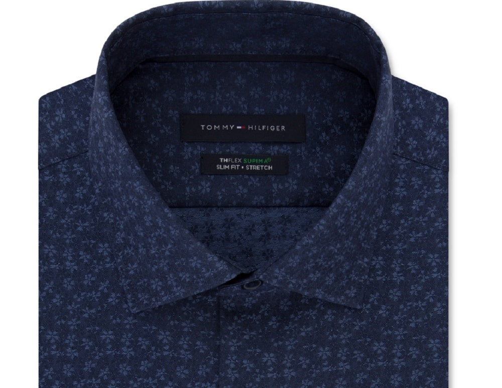 Tommy Hilfiger Men's Slim-Fit Non-Iron Thflex Performance Stretch Floral-Print Supima Cotton Dress Shirt Blue Size 15.5X34-35