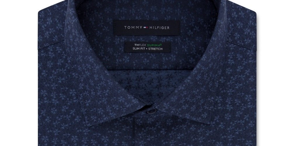 Tommy Hilfiger Men's Slim Fit Non Iron THFlex Performance Stretch Floral Print Supima Cotton Dress Shirt Blue Size 15.5X34-35