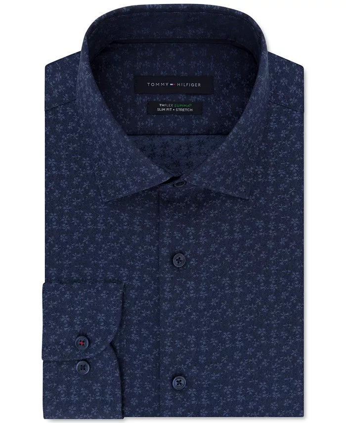 Tommy Hilfiger Men's Slim Fit Non Iron Thflex Performance Stretch Floral Print Supima Cotton Dress Shirt Blue Size 17.5X32X33